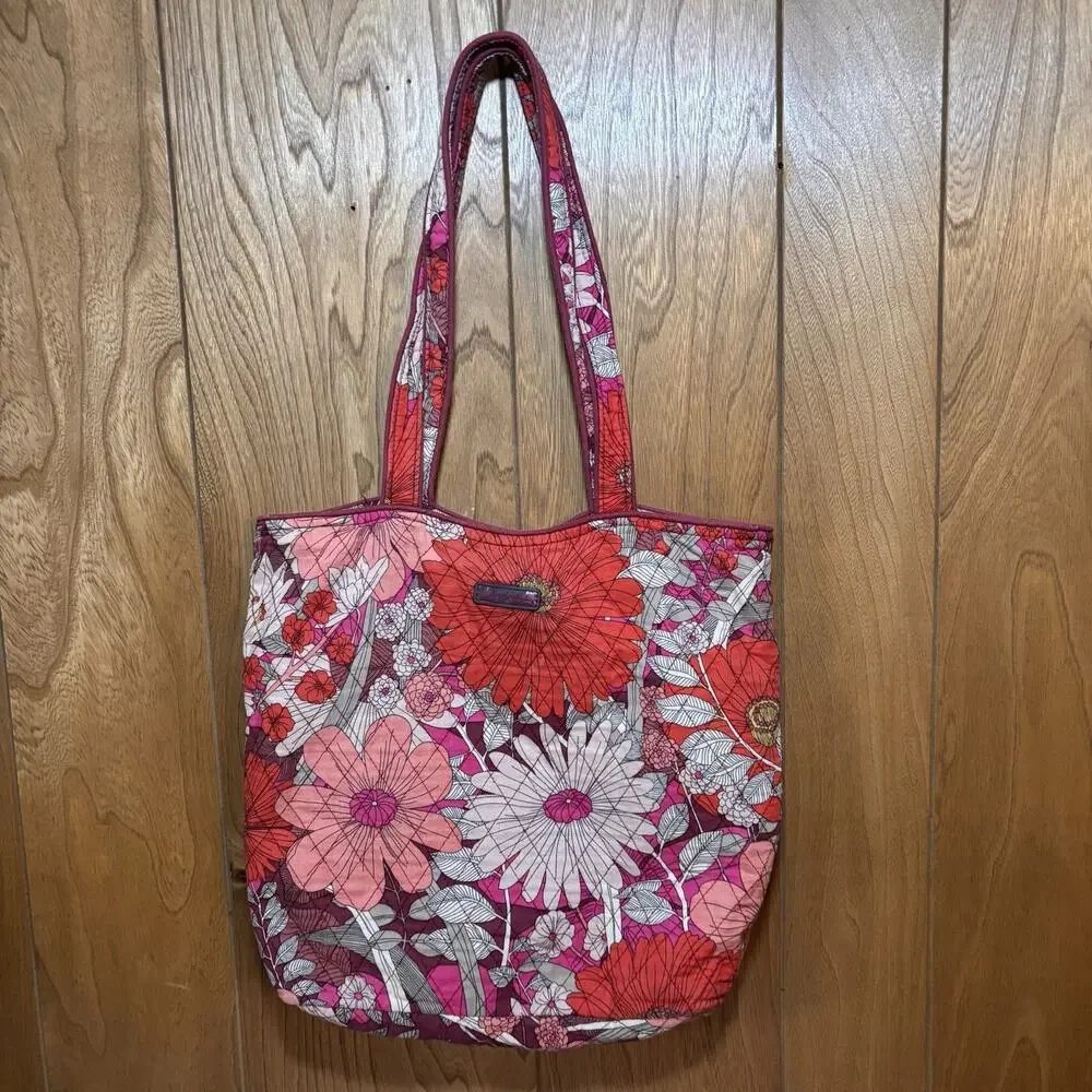Vera Bradley English Rose Quilted Cotton Tote Bag Floral Pink Red Grey READ
